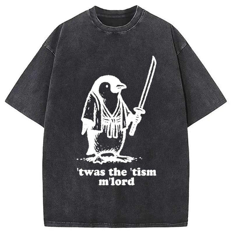 Modecanvas Focused Penguin Samurai Washed T-Shirt-modecanvas