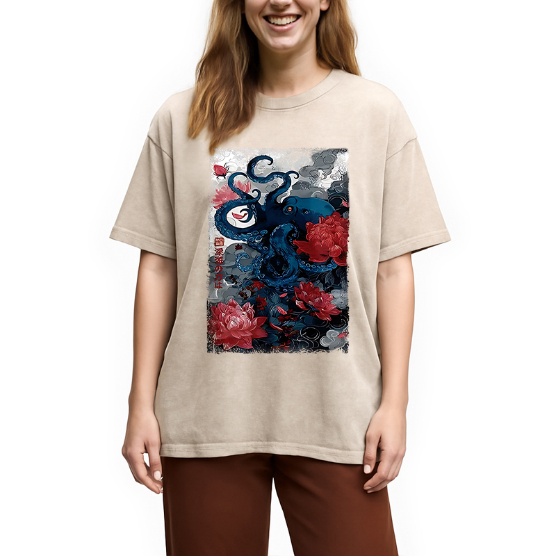 Modecanvas Deep Sea Retro Octopus Washed T-Shirt