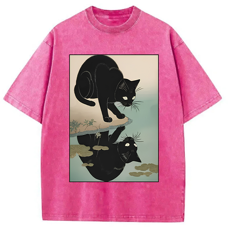 Modecanvas Cat Drinking River Water Washed T-Shirt