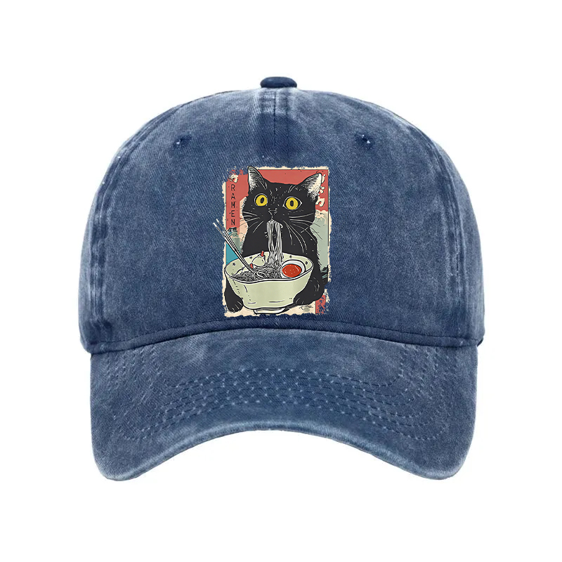 Modecanvas Cute Cat Eating Ramen Washed Cap-modecanvas