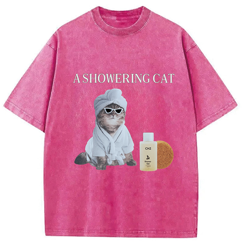 Modecanvas A Showering Cat Washed T-Shirt