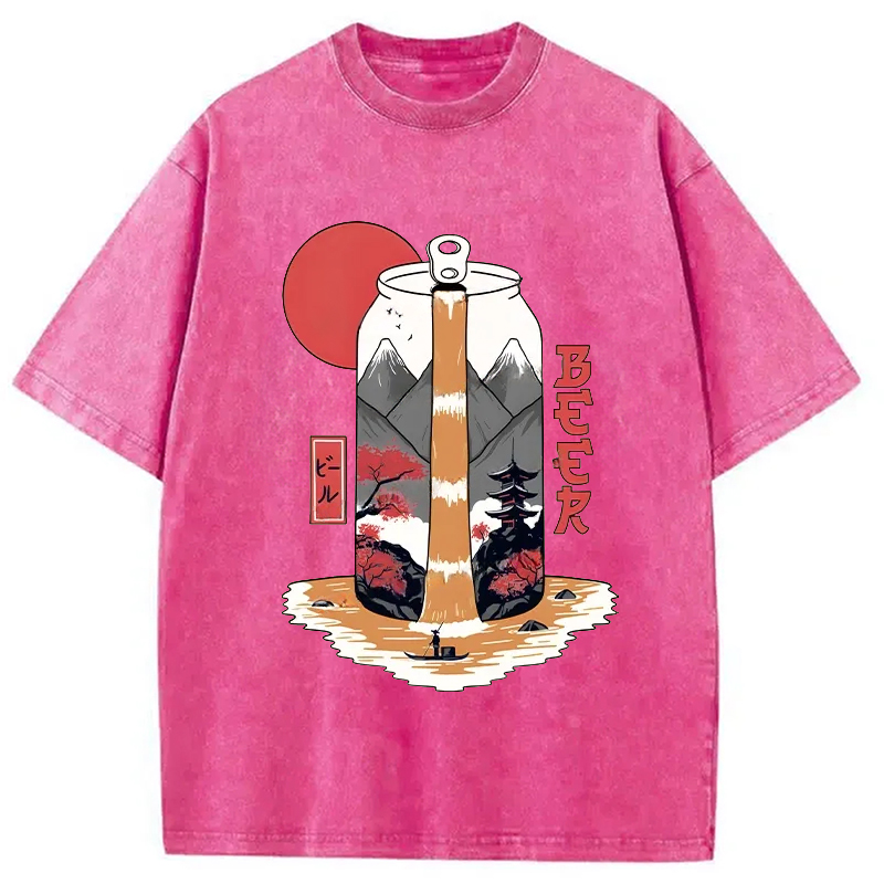 Modecanvas Japanese Retro Beer Landscape Washed T-Shirt