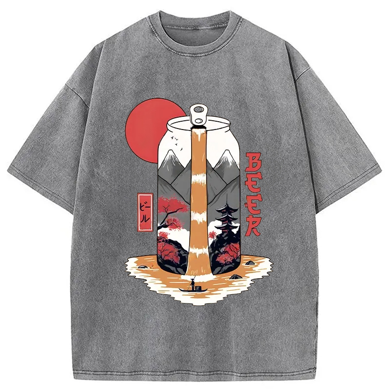 Modecanvas Japanese Retro Beer Landscape Washed T-Shirt