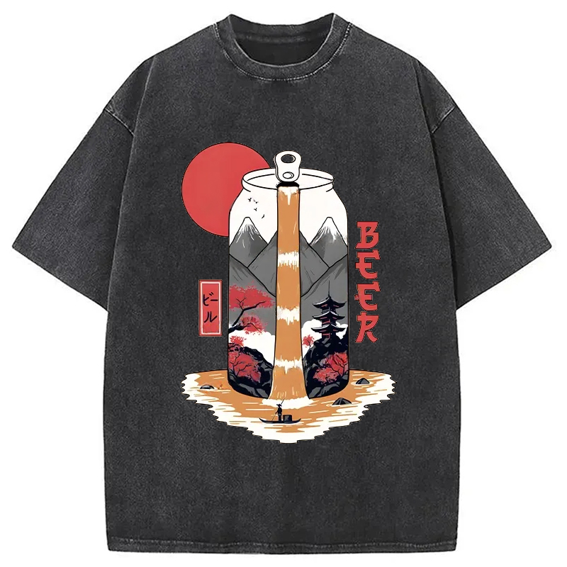 Modecanvas Japanese Retro Beer Landscape Washed T-Shirt