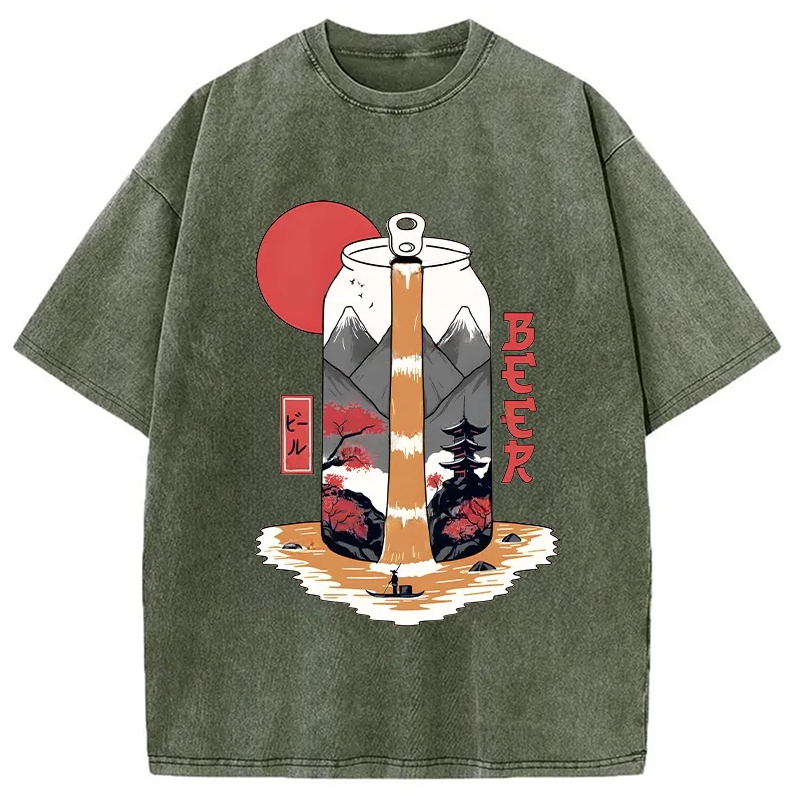 Modecanvas Japanese Retro Beer Landscape Washed T-Shirt