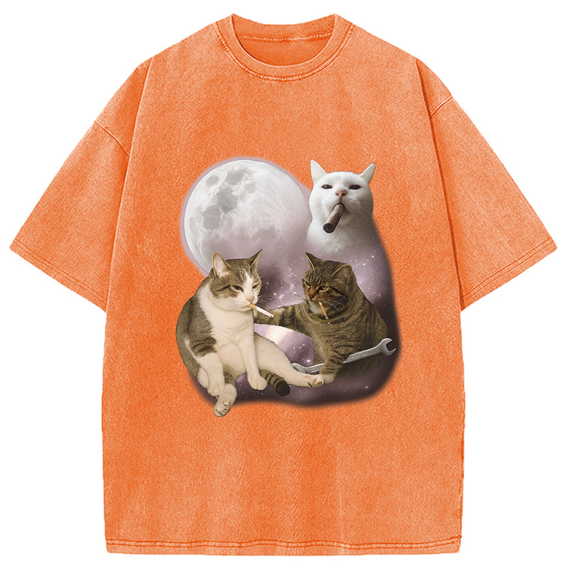 Modecanvas Three Cat Smoking Retro Washed T-Shirt