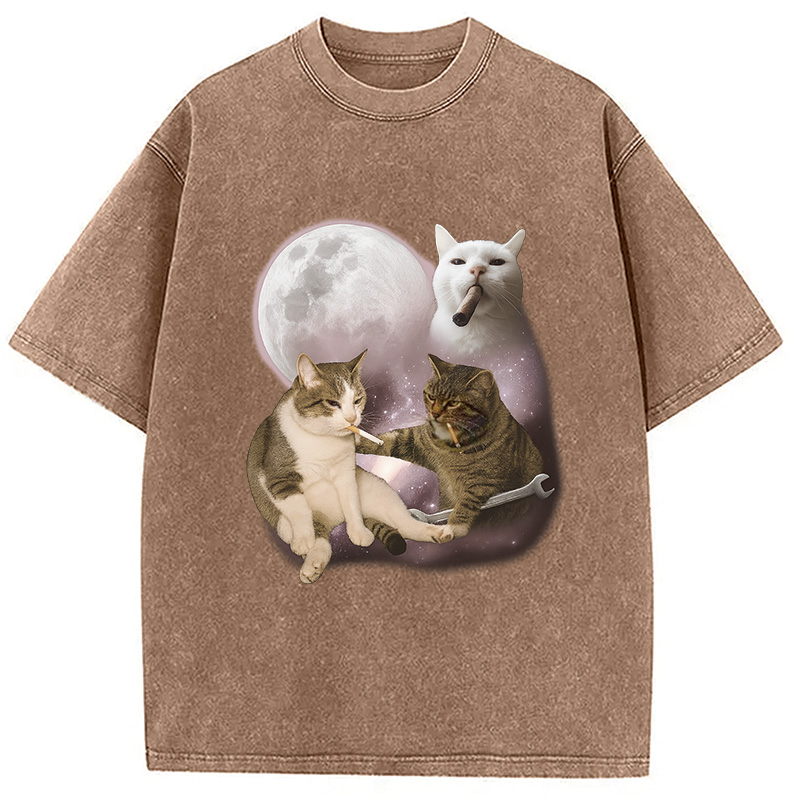 Modecanvas Three Cat Smoking Retro Washed T-Shirt
