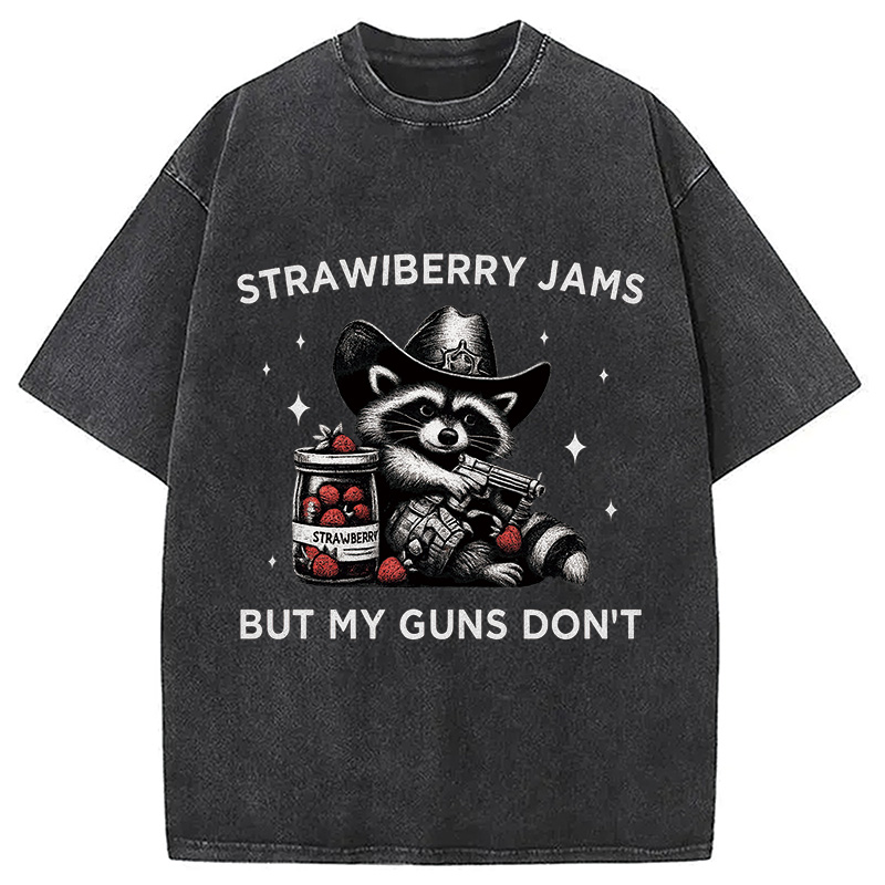 Modecanvas Strawberry Jams Funny Raccoon Cowboy Washed T-Shirt