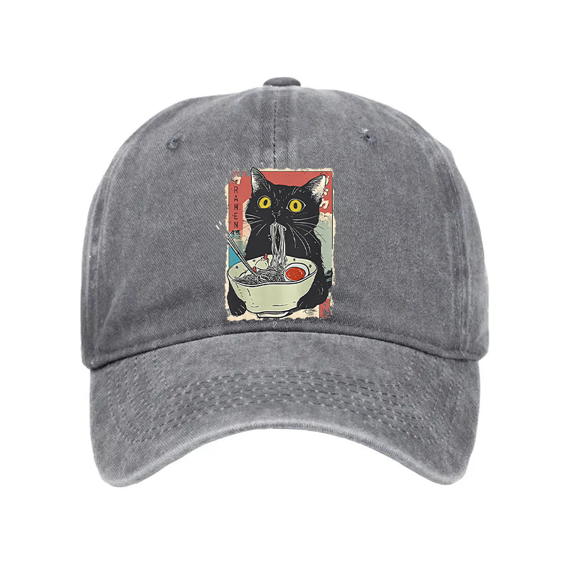 Modecanvas Cute Cat Eating Ramen Washed Cap-modecanvas