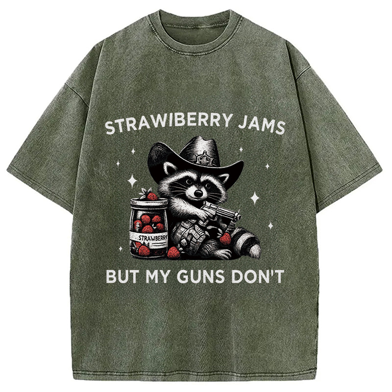 Modecanvas Strawberry Jams Funny Raccoon Cowboy Washed T-Shirt