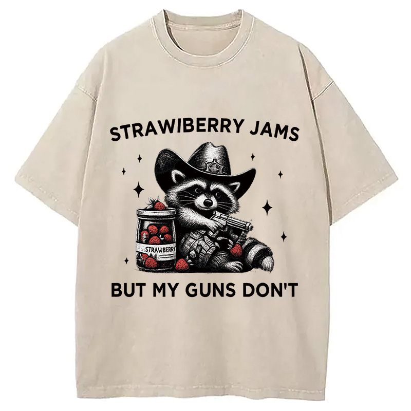 Modecanvas Strawberry Jams Funny Raccoon Cowboy Washed T-Shirt