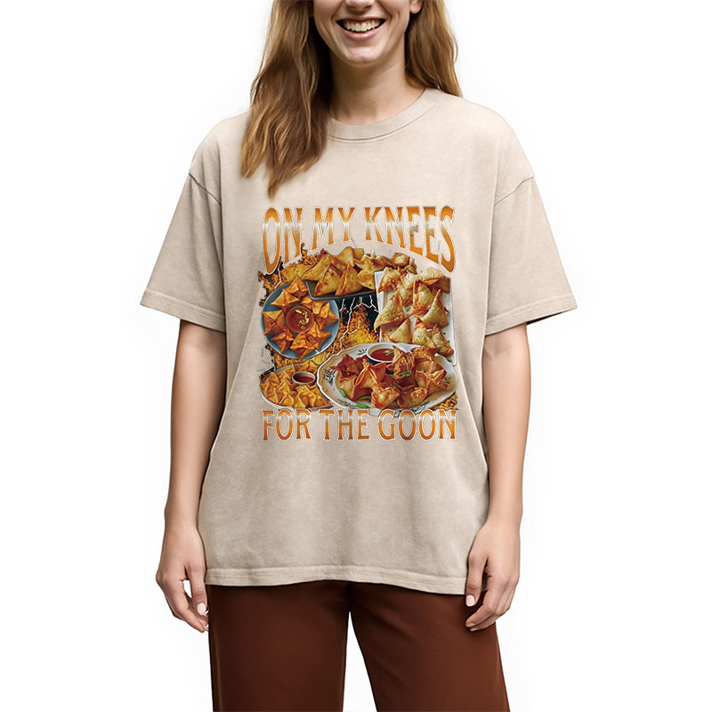 Modecanvas On My Knees Funny Crab Rangoon Meme Washed T-Shirt
