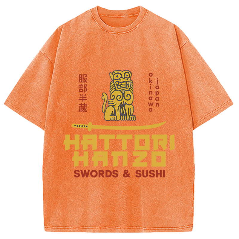 Modecanvas intage Japanese Samurai Sword Action Kill Washed T-Shirt