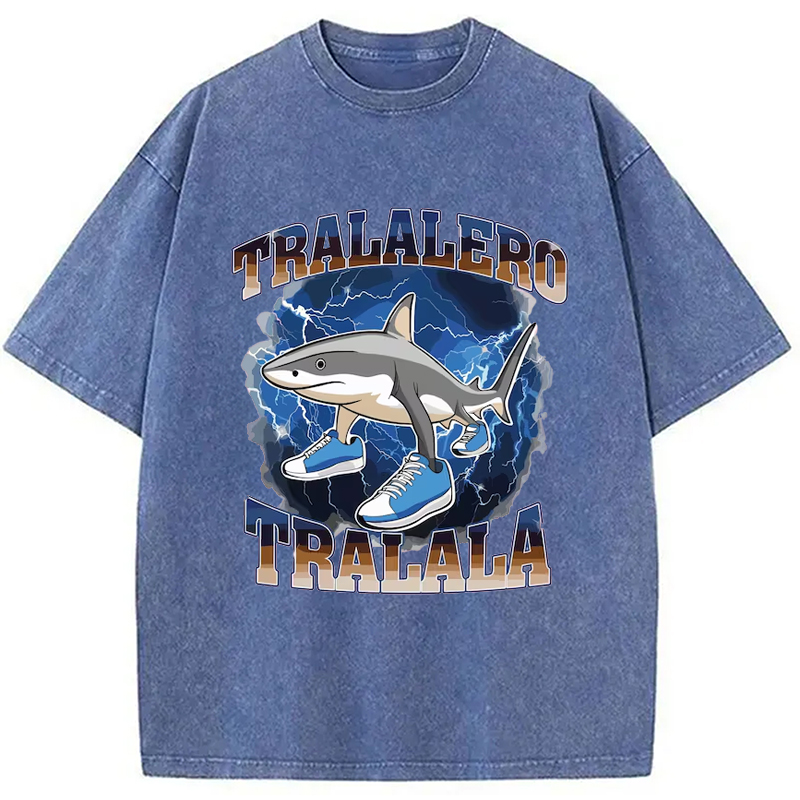 Modecanvas Tralalero Tralala Funny Shark Meme Washed T-Shirt-modecanvas