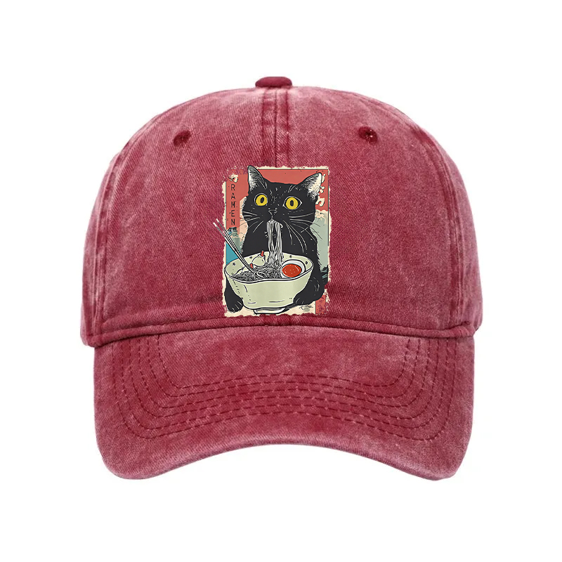 Modecanvas Cute Cat Eating Ramen Washed Cap-modecanvas