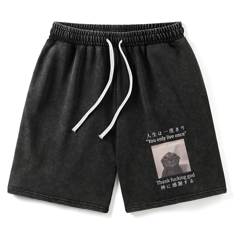 Modecanvas Funny Melancholy Cat Washed Shorts