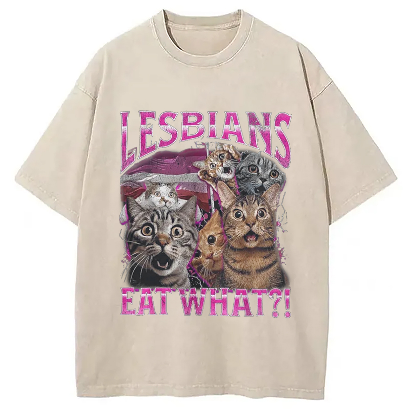 Modecanvas Lesbians Eat What?! Funny Washed T-Shirt-modecanvas