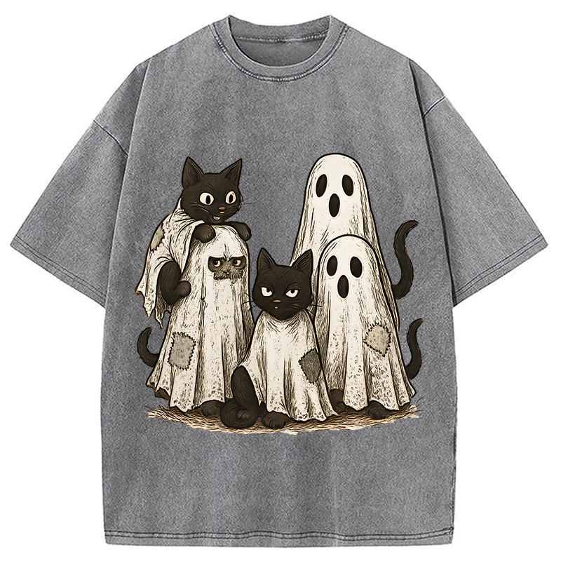 Modecanvas Funny Black Cats Ghost Washed T-Shirt