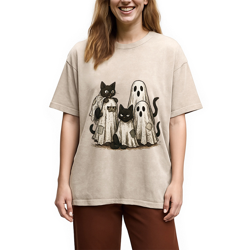 Modecanvas Funny Black Cats Ghost Washed T-Shirt