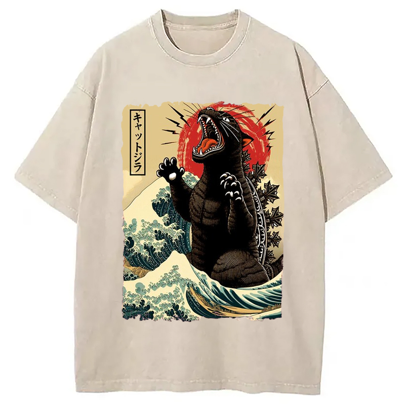 Modecanvas Catzilla Cat Wave Japanese Washed T-Shirt-modecanvas