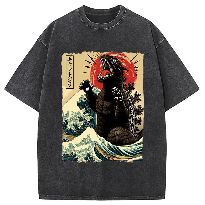 Modecanvas Catzilla Cat Wave Japanese Washed T-Shirt-modecanvas