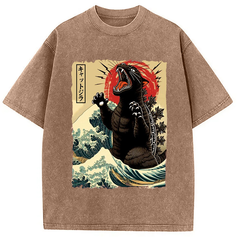 Modecanvas Catzilla Cat Wave Japanese Washed T-Shirt-modecanvas