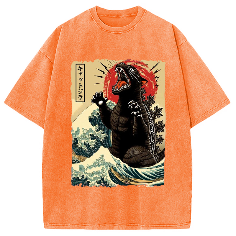 Modecanvas Catzilla Cat Wave Japanese Washed T-Shirt-modecanvas