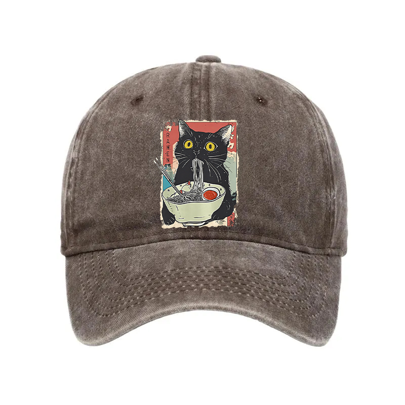 Modecanvas Cute Cat Eating Ramen Washed Cap-modecanvas
