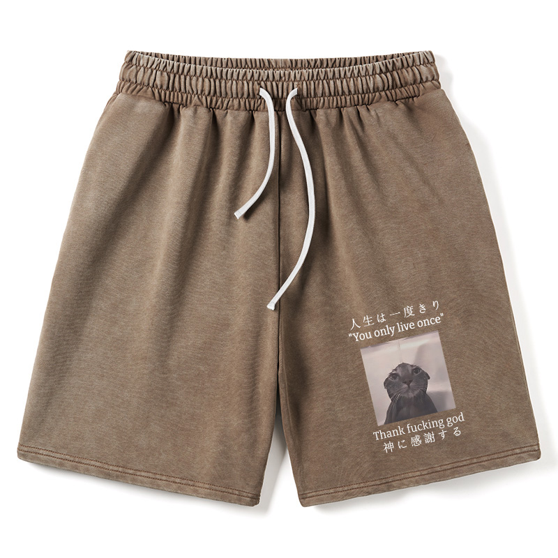 Modecanvas Funny Melancholy Cat Washed Shorts