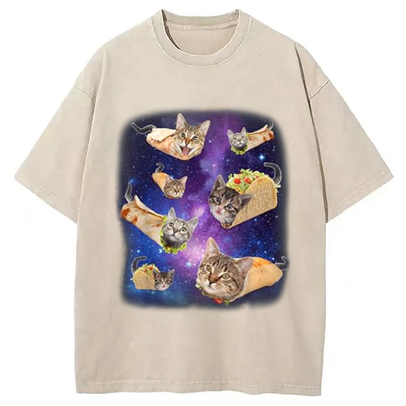 Modecanvas Burrito Cat and Taco Cat Space Galaxy Meme Washed T-Shirt