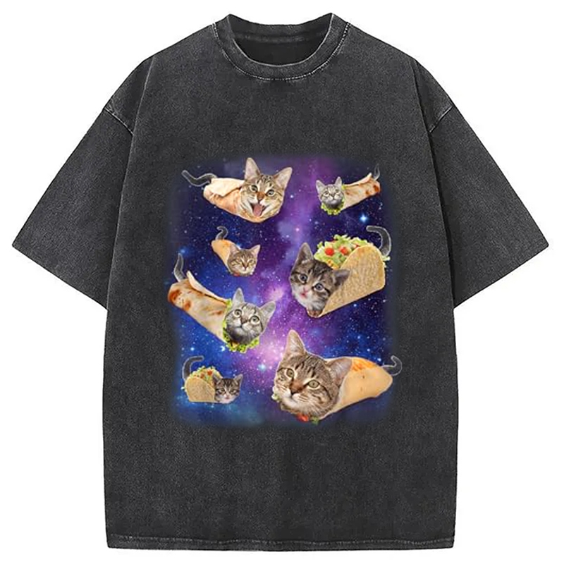 Modecanvas Burrito Cat and Taco Cat Space Galaxy Meme Washed T-Shirt