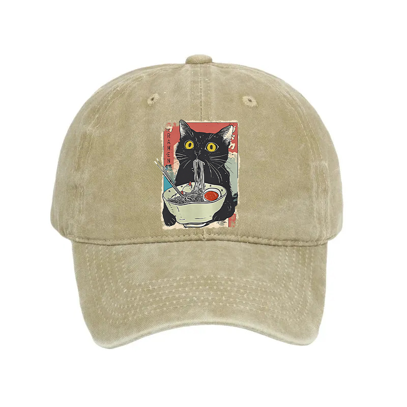 Modecanvas Cute Cat Eating Ramen Washed Cap-modecanvas