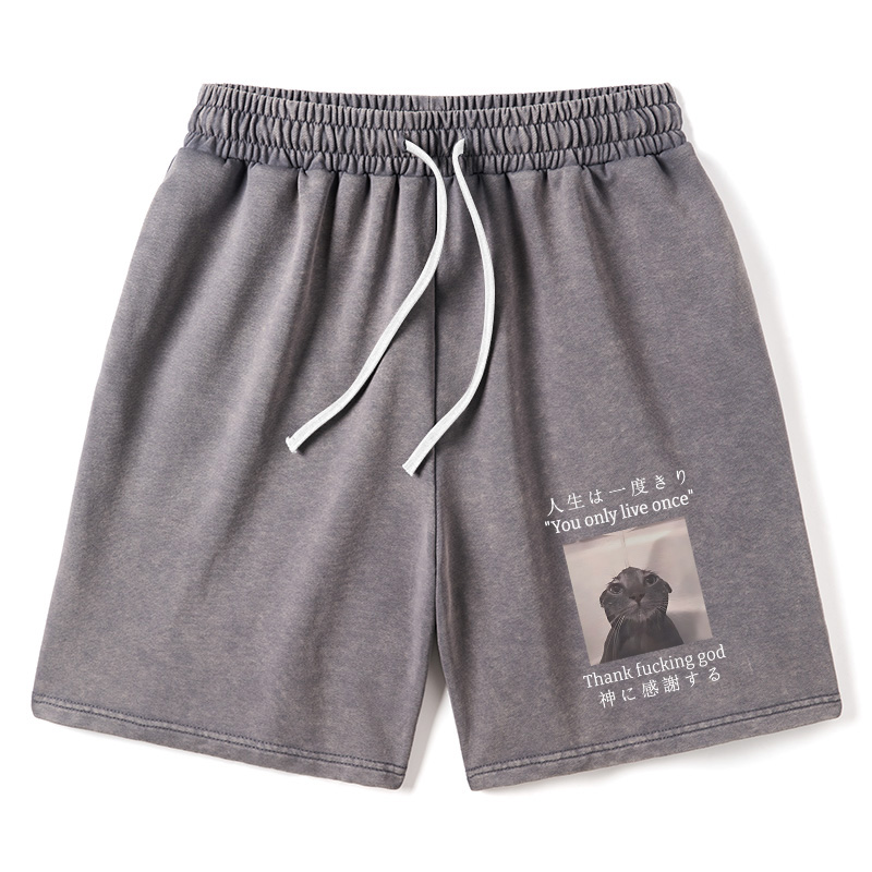Modecanvas Funny Melancholy Cat Washed Shorts