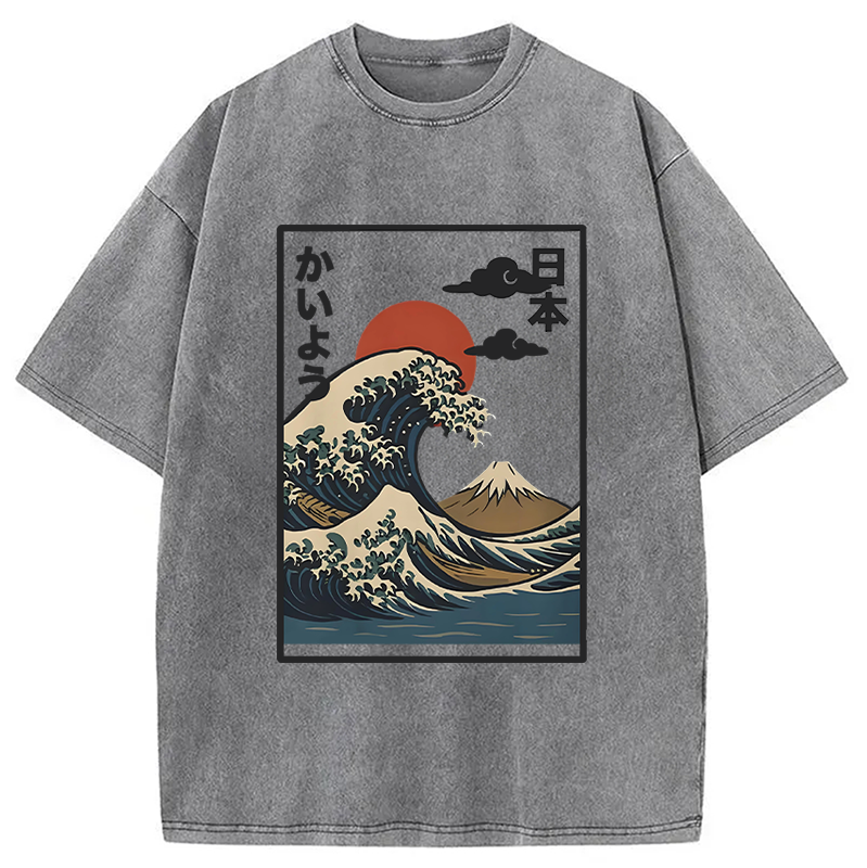 Modecanvas Ocean Wave Sun Japan Washed T-Shirt