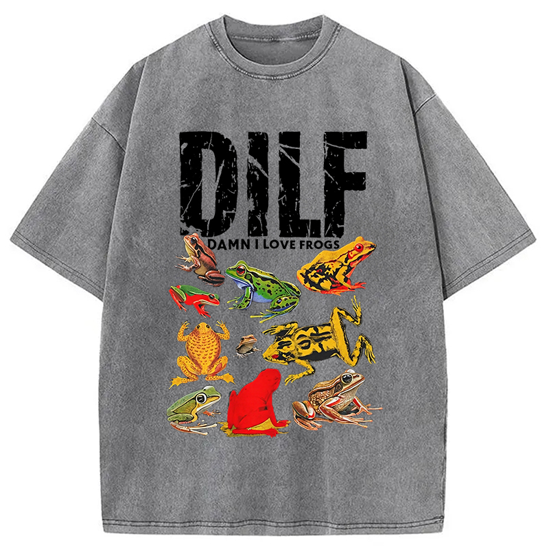 Modecanvas DILF Man I Love Frogs Funny Meme Washed T-Shirt-modecanvas