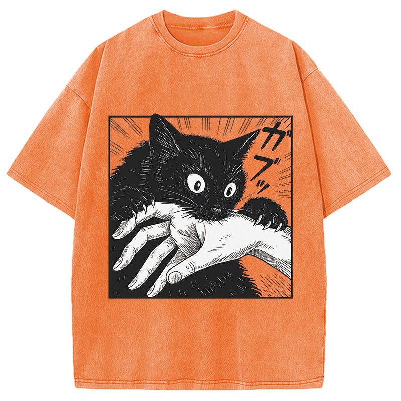Modecanvas Vintage Black Cat Bite Washed T-Shirt