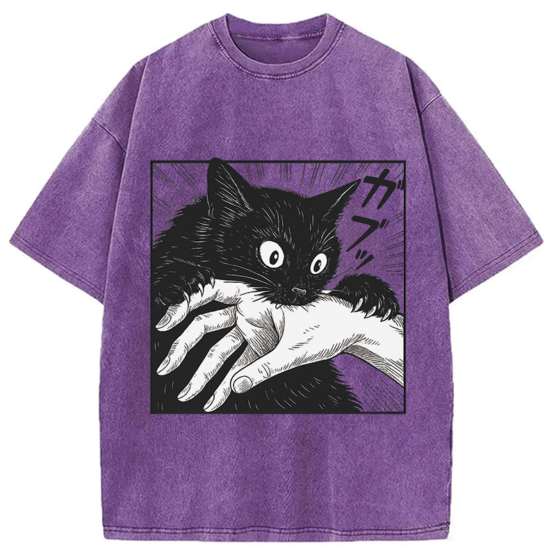 Modecanvas Vintage Black Cat Bite Washed T-Shirt