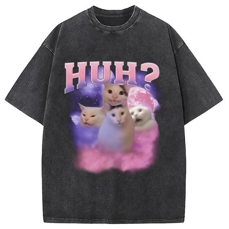 Modecanvas Pink Funny Meme Huh Cat Washed T-Shirt-modecanvas