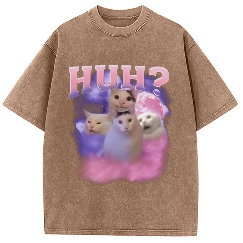 Modecanvas Pink Funny Meme Huh Cat Washed T-Shirt-modecanvas