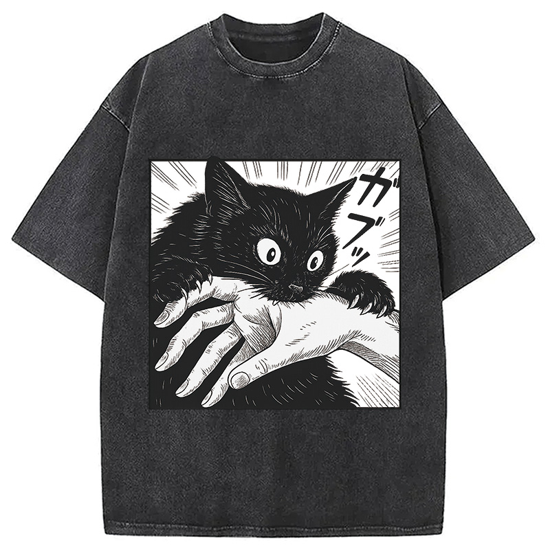 Modecanvas Vintage Black Cat Bite Washed T-Shirt