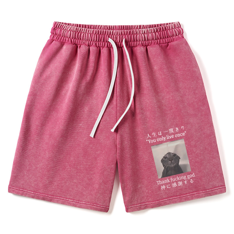 Modecanvas Funny Melancholy Cat Washed Shorts