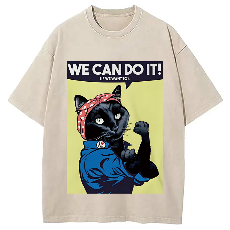 Modecanvas We Can Do It Moew Black Cat Washed T-Shirt