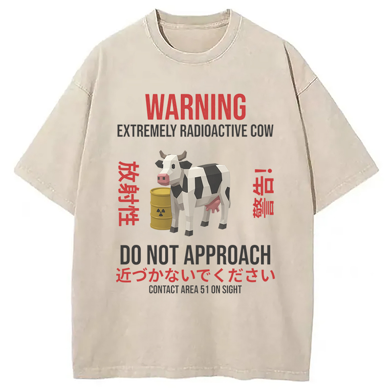 Modecanvas Radioactive Cow Warning Washed T-Shirt