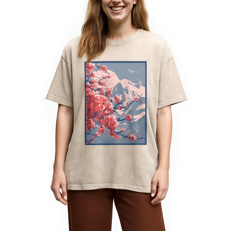 Modecanvas Sakura Blossom Mountain Washed T-Shirt