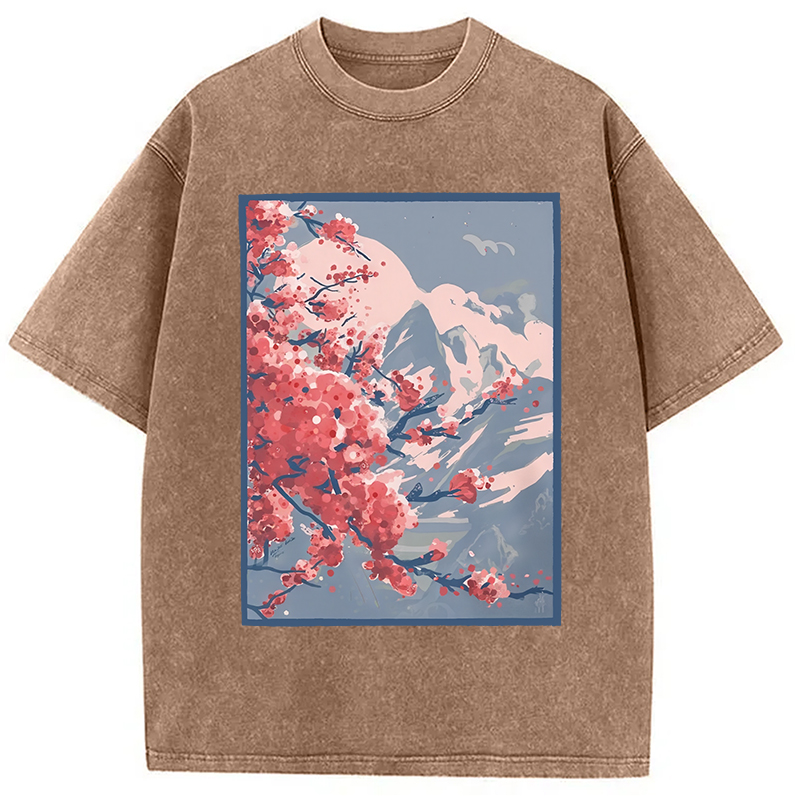 Modecanvas Sakura Blossom Mountain Washed T-Shirt