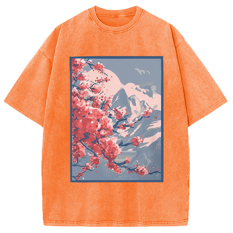 Modecanvas Sakura Blossom Mountain Washed T-Shirt