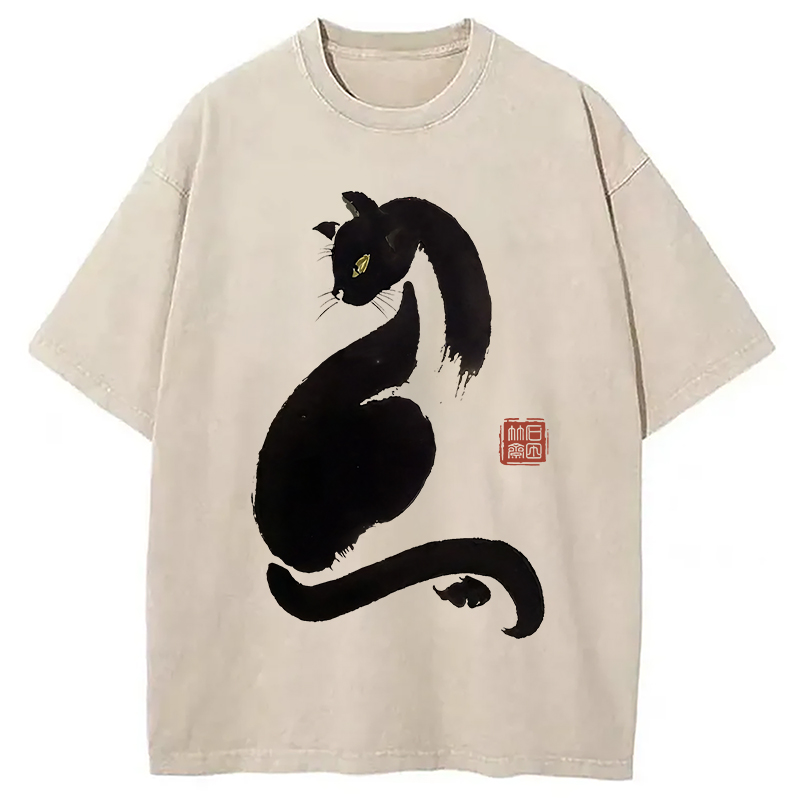 Modecanvas Elegant Black Cat Japan Washed T-Shirt