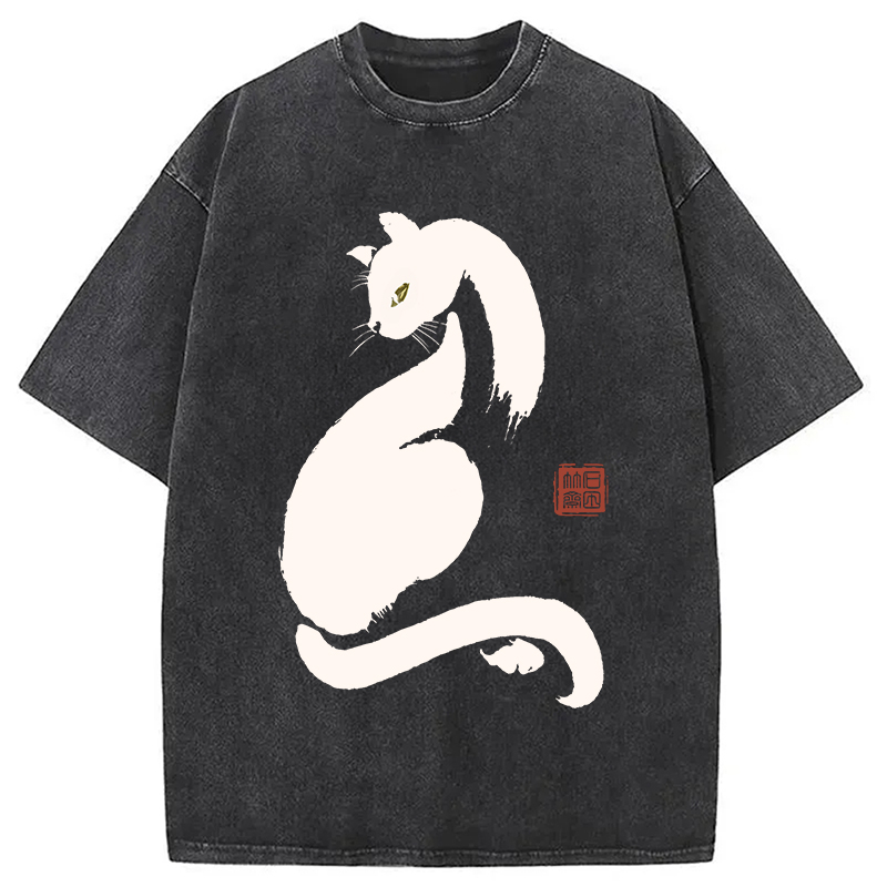 Modecanvas Elegant Black Cat Japan Washed T-Shirt