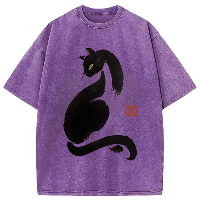 Modecanvas Elegant Black Cat Japan Washed T-Shirt