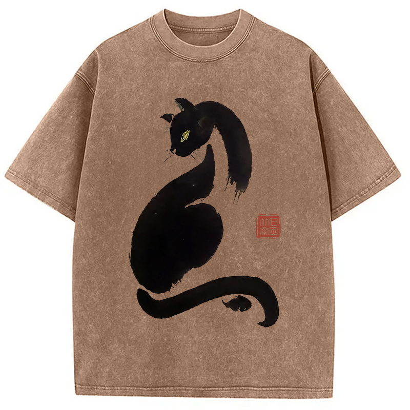 Modecanvas Elegant Black Cat Japan Washed T-Shirt